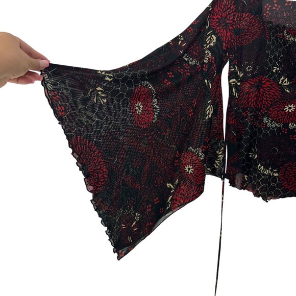 MCM Y2K Vintage Women Black & Red Floral Goth Top SZ XL Bell Asymmetric Sleeve - Picture 15 of 16